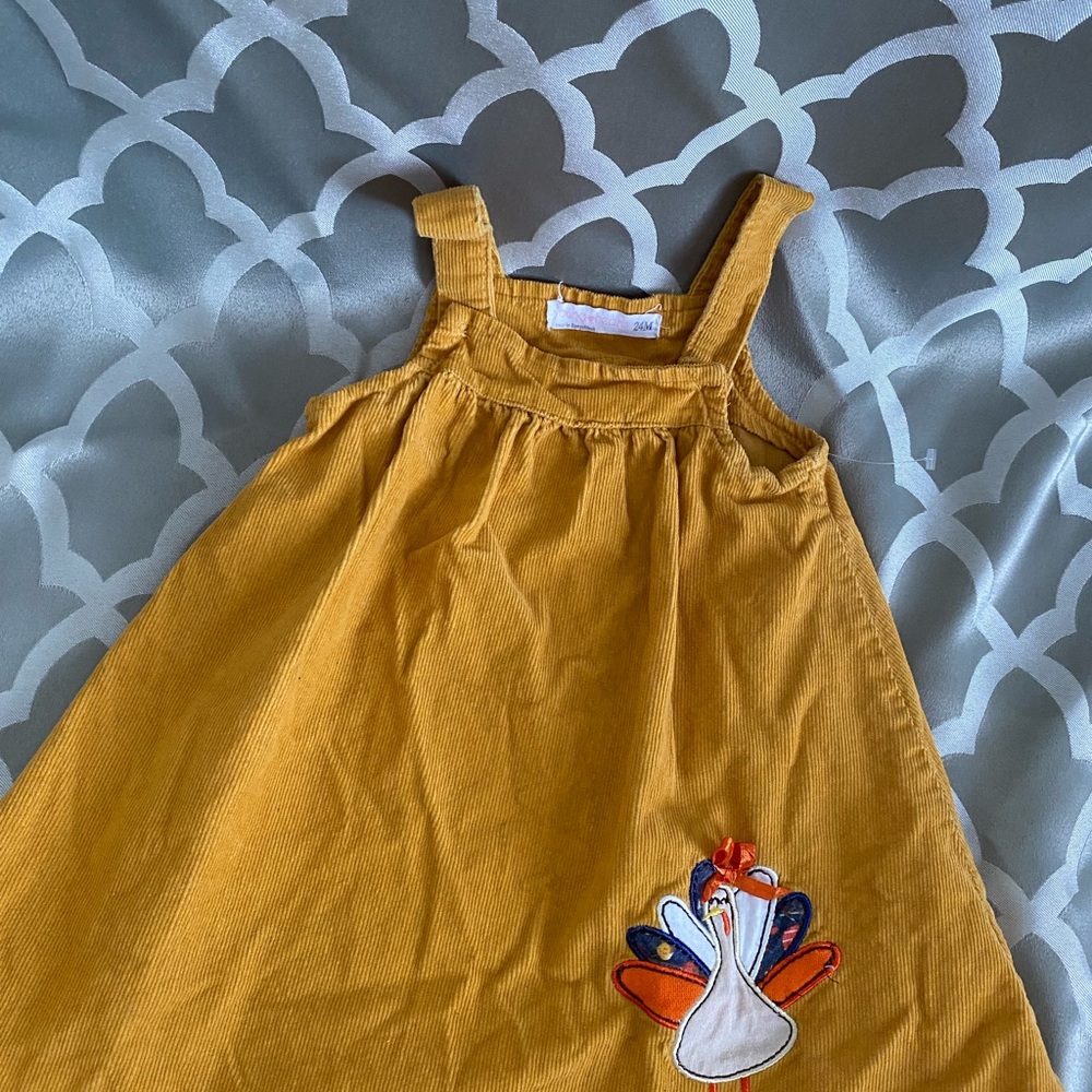 Yellow Corduroy Dress with Embroidered Turkey Design